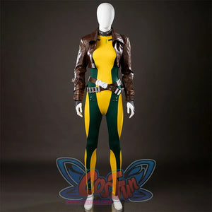 Front view of Rogue Anna Marie cosplay costume on a mannequin with brown jacket, yellow green bodysuit, belt, and gloves