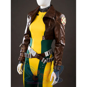 Upper detail of Rogue Anna Marie cosplay costume with brown jacket, shoulder patch, choker, yellow bodysuit, and belt