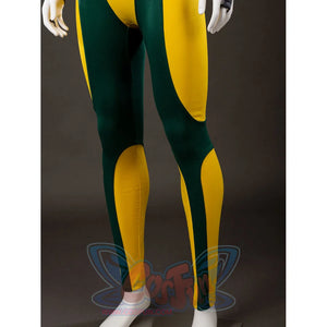 Leg detail of Rogue Anna Marie cosplay costume with yellow green bodysuit panels and tapered lower leg accents