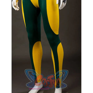 Leg detail of Rogue Anna Marie cosplay costume with yellow green bodysuit panels and tapered lower leg accents