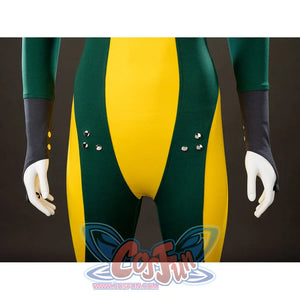 Lower front detail of Rogue Anna Marie cosplay costume with yellow green bodysuit, gray gloves, and silver studs