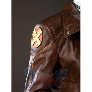 Shoulder close-up of Rogue Anna Marie cosplay costume brown jacket with red yellow X patch and stitched sleeve panel