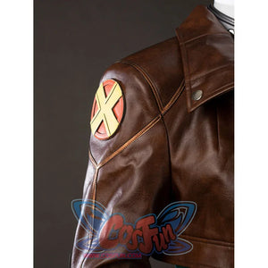 Shoulder close-up of Rogue Anna Marie cosplay costume brown jacket with red yellow X patch and stitched sleeve panel