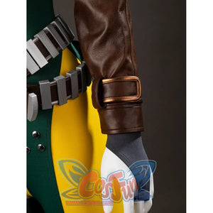 Sleeve cuff close-up of Rogue Anna Marie cosplay costume brown jacket with buckle strap, gray glove, and waist belt
