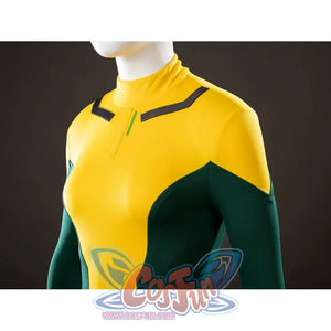Upper side view of Rogue Anna Marie cosplay costume with yellow chest panel, green sleeve, black trim, and high collar