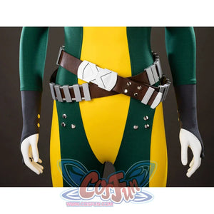 Waist belt front detail of Rogue Anna Marie cosplay costume with brown straps, gray pouches, silver buckle, and studs