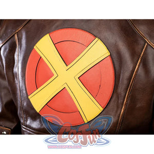 Close-up of Rogue Anna Marie cosplay costume back emblem with red circle, yellow X design, and brown jacket panels