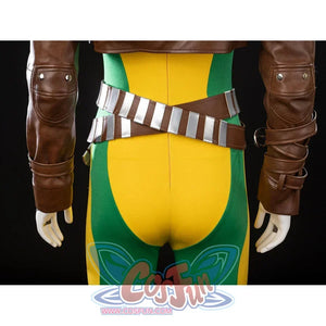 Back view of Rogue cosplay bodysuit with crossed brown belts, yellow-green panels, and long brown sleeves