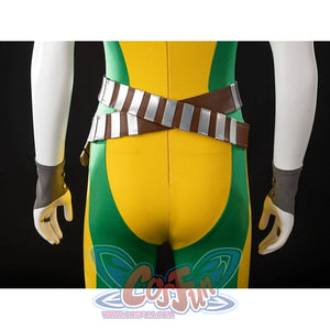Back view of Rogue cosplay bodysuit with crossed brown straps, gray wrist cuffs, and green-yellow panels