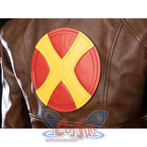 Back view of Rogue Anna Marie bodysuit with crossed brown belts and cropped jacket