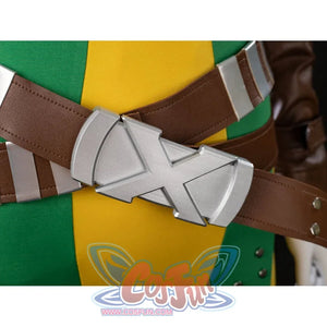 Close-up of Rogue Anna Marie costume with crossed brown belts and a large silver X-shaped buckle detail