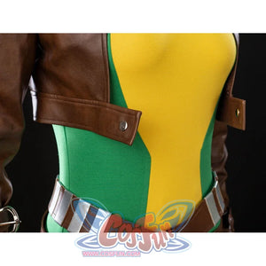 Close-up of Rogue Anna Marie bodysuit with the cropped jacket and silver-brown belt details at the waist
