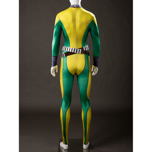 Back view of Rogue cosplay bodysuit on a mannequin with the brown utility belt, gloves, and zipper back