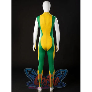 Back view of Rogue Anna Marie cosplay bodysuit with green side panels and a back zipper