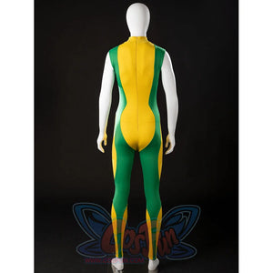 Back view of Rogue Anna Marie cosplay bodysuit with green side panels and a back zipper