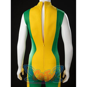 Back view of Rogue cosplay sleeveless bodysuit with a deep open back and center zipper detail