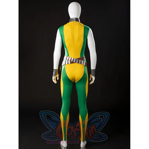 Back view of Rogue Anna Marie cosplay bodysuit with crossed belts and gray wrist cuffs