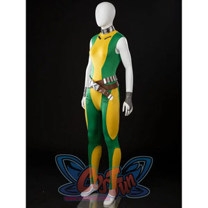 Angled view of Rogue Anna Marie cosplay bodysuit with crossed belts, gloves, and metallic collar