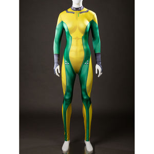 Front view of Rogue cosplay bodysuit on a mannequin in green and yellow with gray gloves and a high collar