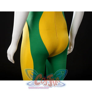 Rear angled view of Rogue cosplay bodysuit showing the fitted green-yellow panels and center back seam