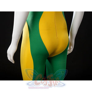 Rear angled view of Rogue cosplay bodysuit showing the fitted green-yellow panels and center back seam