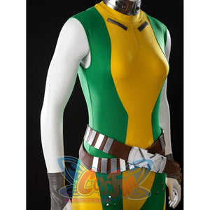 Side view of Rogue cosplay bodysuit with a silver collar, crossed brown belt, and green-yellow panels