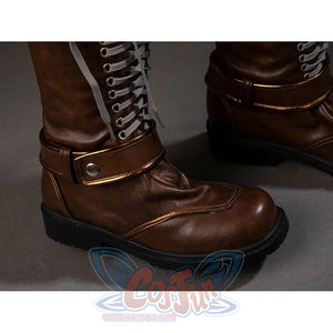 Close-up of Rogue cosplay costume boot toe with brown stitching, ankle strap, gray laces, and black lug sole