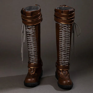Front view of Rogue cosplay costume boots with brown shafts, gray laces, folded straps, and black soles