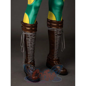 Front worn view of Rogue cosplay costume boots with brown shafts, gray laces, green leggings, and black soles