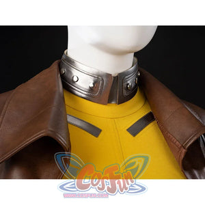 Close-up of Rogue Anna Marie cosplay collar detail with the yellow bodysuit front and jacket over the shoulders