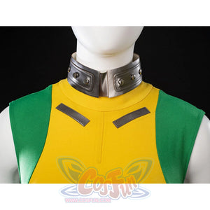 Close-up of Rogue cosplay top with a silver studded collar, yellow front panel, and green side panels