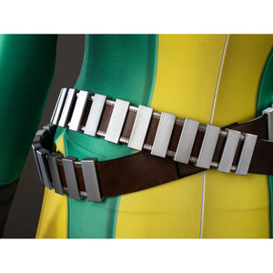 Close-up of Rogue cosplay brown crossbody belt with silver plate details worn over a green and yellow bodysuit