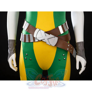 Close-up of Rogue cosplay crossed brown belts with a large silver buckle over the green and yellow bodysuit