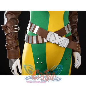Close-up of Rogue Anna Marie bodysuit with crossed brown belts, silver accents, and wrapped gauntlet sleeves