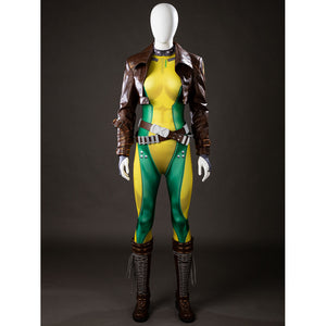 Three-quarter front view of Rogue cosplay costume on a mannequin with the bodysuit, cropped jacket, belt, gloves, and boots
