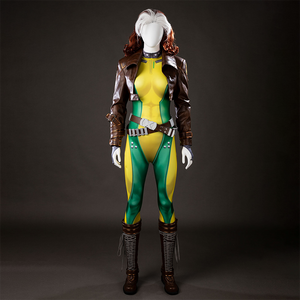 Front view of Rogue cosplay costume on a mannequin with a green and yellow bodysuit, cropped brown jacket, belt, gloves, boots, and white-streaked wig