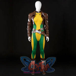 Angled view of Rogue Anna Marie cosplay costume with the cropped jacket, bodysuit, belt, and boots