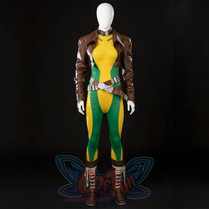 Angled view of Rogue Anna Marie cosplay costume with the cropped jacket, bodysuit, belt, and boots