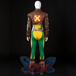 Back view of Rogue Anna Marie cosplay costume with the cropped jacket, bodysuit, belts, and boots