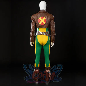 Back view of Rogue Anna Marie cosplay costume with the cropped jacket, bodysuit, belts, and boots