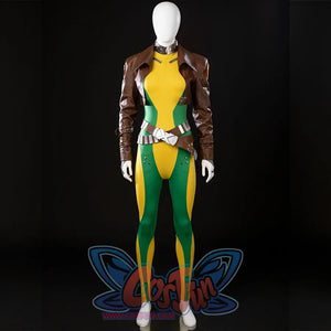 Full costume detail of Rogue Anna Marie cosplay with the cropped jacket, belts, and bodysuit