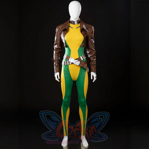 Full costume detail of Rogue Anna Marie cosplay with the cropped jacket, belts, and bodysuit