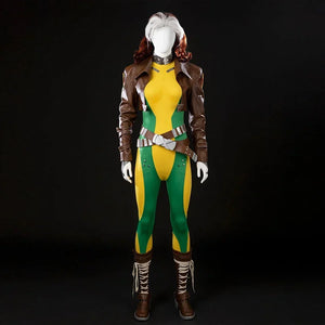 Front view of Rogue Anna Marie cosplay costume with the cropped jacket, bodysuit, belt, boots, and wig
