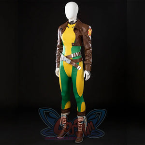 Side view of Rogue Anna Marie cosplay costume with the cropped jacket, belts, and tall lace-up boots