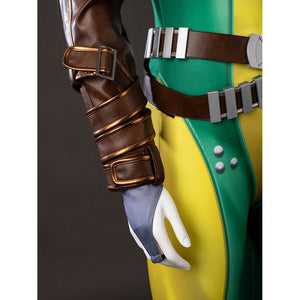 Close-up of Rogue cosplay glove, sleeve straps, and brown double belt over the green and yellow bodysuit