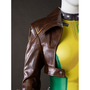 Close-up of Rogue cosplay cropped jacket collar and front strap over the green and yellow bodysuit