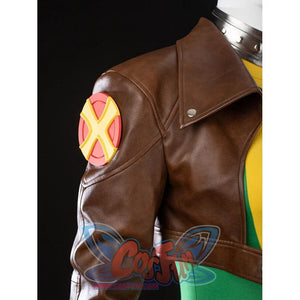 Close-up of Rogue Anna Marie cropped jacket with the wide collar and yellow X shoulder patch