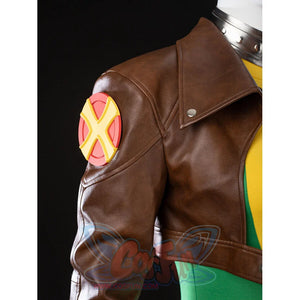 Close-up of Rogue Anna Marie cropped jacket with the wide collar and yellow X shoulder patch