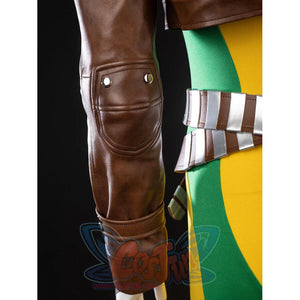 Close-up of Rogue cosplay sleeve with a padded elbow panel beside the striped brown belt and green panel