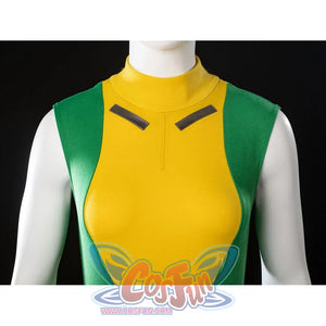 Close-up of Rogue cosplay sleeveless bodysuit top with a high collar and green-yellow color-block panels
